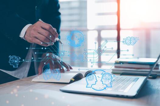 ai tecnología concepto, hombre utilizando ai tecnología a trabajando negocio proyecto, empresario trabajando en computadora ordenador portátil y libros a analista y desarrollar negocio crecimiento foto