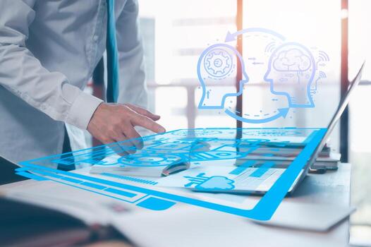 ai tecnología concepto, hombre utilizando ai tecnología a trabajando negocio proyecto, empresario trabajando en computadora ordenador portátil y libros a analista y desarrollar negocio crecimiento foto