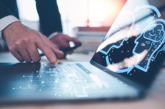 ai tecnología concepto, hombre utilizando ai tecnología a trabajando negocio proyecto, empresario trabajando en computadora ordenador portátil y libros a analista y desarrollar negocio crecimiento foto