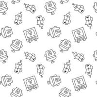 Seamless vector repeating pattern of teapot, multicooker, oven is made of line icons for polygraphy and websites