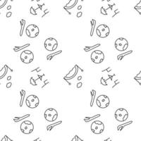 Seamless monochrome repeating pattern of street cafe, airplane, planet, bridge over river vector