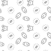 Seamless vector monochrome pattern of wristwatch, alarm clock, dollar inside of clock for covers, shops, wrappers, sites, apps