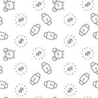 Seamless vector monochrome pattern of wristwatch, alarm clock, dollar inside of clock for covers, shops, wrappers, sites, apps