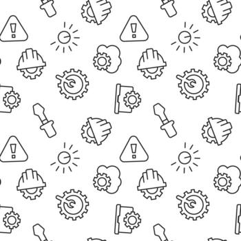 Monochrome vector seamless pattern of wrench, spanner warn sign, indicator, laptop for web sites and polygraphy