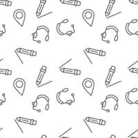 Vector seamless pattern of pencil, geotag, headphones on white background. It can be used for textile, backgrounds, placards