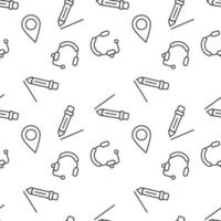 Vector seamless pattern of pencil, geotag, headphones on white background. It can be used for textile, backgrounds, placards