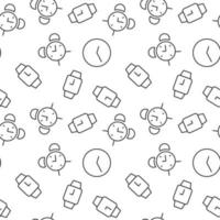 Seamless vector monochrome pattern of alarm clock and wristwatch as symbols of time for covers, shops, wrappers, sites, apps