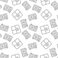 Seamless vector repeating pattern of scales, microwave oven, scales is made of line icons for polygraphy and websites