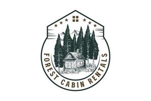 Clásico retro de madera cabina chalet presentar con pino hojas perennes abeto Insignia emblema etiqueta logo vector