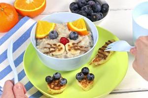 Funny bowls of oatmeal with cat faces, fruits and berries, food idea for kids, top view photo