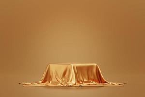 Podium with golden fabric placed on top luxury premium pedestal elegance background for product presentation backdrop empty scene 3d photo