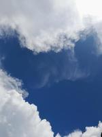 Beautiful white clouds on deep blue sky background. Large bright soft fluffy clouds are cover the entire blue sky. photo