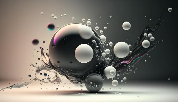 Liquid splash with black and white balloons. Matte blurred background. photo