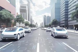 Road in the city with autonomous Driverless cars and people walking on the street. In the background skyline skyscrapers photo