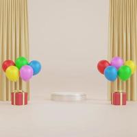 silver cylinder pedestal podium and pastel light brown curtains, red gifbox, balloons. product display presentation. 3d rendering photo