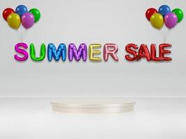 Podium for mockup product display and SUMMER SALE 3d text and balloon. 3D rendering photo