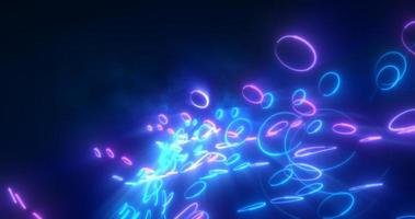 Abstract blue and purple glowing neon lines and circles energy laser flying on a black background photo