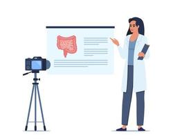 Doctor gives a training lecture about anatomy on camera. Doctor presenting human intestine infographics. Online medical seminar, lecture, healthcare meeting concept. Vector illustration.