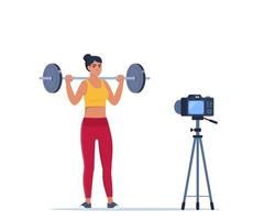 mujer haciendo gastos generales barra con pesas hombro prensa ejercicio grabación vídeo con cámara en trípode. social red blogueando, sano estilo de vida concepto. deporte transmisión vector ilustración.