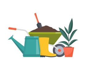Summer gardening composition with wheelbarrow, pot, shovel, watering can. Vector illustration.