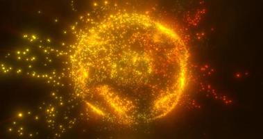 Abstract round yellow orange sphere light bright glowing from energy rays and magic waves from particles and dots, abstract background photo