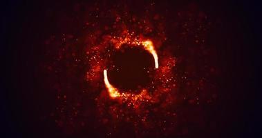 Abstract orange fiery lines and cyclic circles with energy magic sparks from particles, abstract background photo