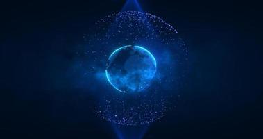Abstract blue planet earth spinning with futuristic high-tech particles bright glowing magical energy, abstract background photo