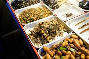 Exotic food in Khao San road at night in Bangkok city, Thailand, Holidays and traveling concept photo