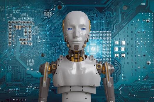 White woman robot on blurred background using digital network connection 3D rendering photo