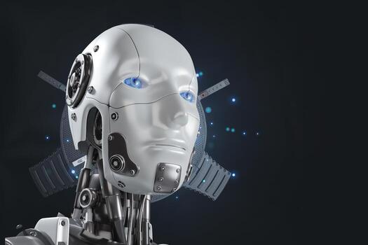 White woman robot on blurred background using digital network connection 3D rendering photo