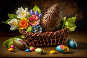 A basket of easter eggs with flowers and a chocolate egg photo