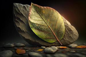 A leaf that is on a rock with the sun shining on it photo