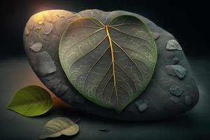 A leaf that is on a rock with the sun shining on it photo