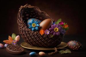 A basket of chocolate eggs with flowers and chocolate on the bottom photo