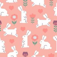 Seamless pattern with Easter rabbits, flowers and hearts. Cutout colorful elements on pink background. vector