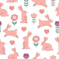 Seamless pattern with Easter rabbits, flowers and hearts. Cutout colorful elements on white background. vector