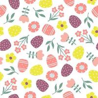 Seamless pattern with hand drawn Easter eggs, flowers and leaves. Cutout colorful plants and eggs on white background. vector