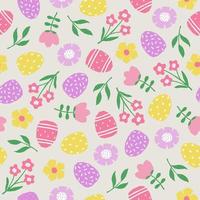 Seamless pattern with hand drawn Easter eggs, flowers and leaves. Cutout colorful plants and eggs on grey background vector