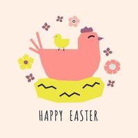 Easter card with hen, chicken and cutout elements. Template for greeting card, invitation, poster, social media. vector