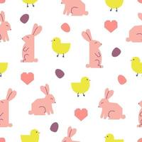 Seamless pattern with Easter rabbits, chickens, eggs and hearts. Cutout colorful elements on white background. vector