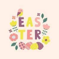 Easter card with cutout Easter elements and lettering text. Template for greeting card, invitation, poster, social media vector