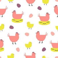 Seamless pattern with hens, chickens and eggs. Cutout colorful elements on white background. vector