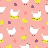 Seamless pattern with hens, chickens and eggs. Cutout colorful elements on pink background. vector