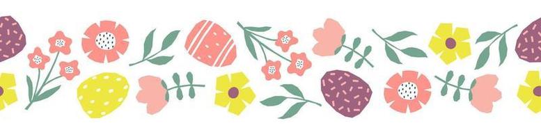 Seamless border with hand drawn Easter eggs, flowers and leaves. Cutout colorful plants and eggs on white background vector