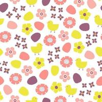 Seamless pattern with hand drawn chickens, Easter eggs and flowers. Cutout colorful plants and eggs on white background. vector