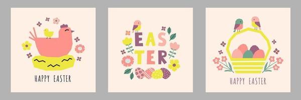Set of Easter cards cutout colorful elements. Chicken, hen, birds, flowers and leaves vector