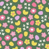 Seamless pattern with hand drawn chickens, Easter eggs and flowers. Cutout colorful plants and eggs on green background vector