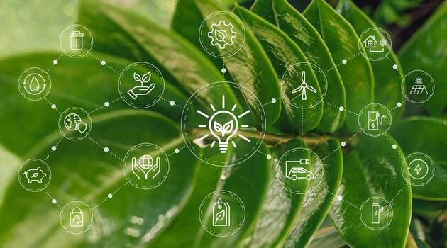 Fondo de ilustración de vector de negocio sostenible o negocio verde con concepto de icono de conexión relacionado con el conjunto de iconos ambientales respetuosos con el medio ambiente. banners de cabecera web y social para esg. foto