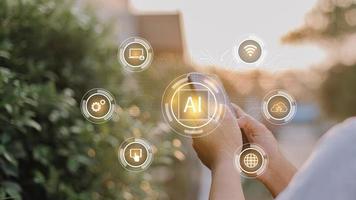 AI, Artificial intelligence, machine learning and automation concept on virtual screen. photo