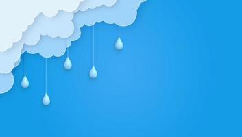 Cute blue sky background with paper cut clouds and 3d rain drops garland. vector